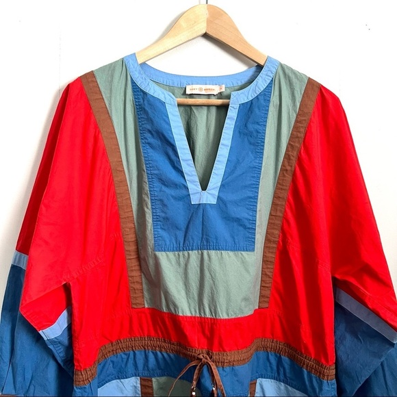 Tory Burch Colorblock Poplin Tunic Top V-Neck 3/4 Sleeve Tie Waist Tasseled - Picture 6 of 11